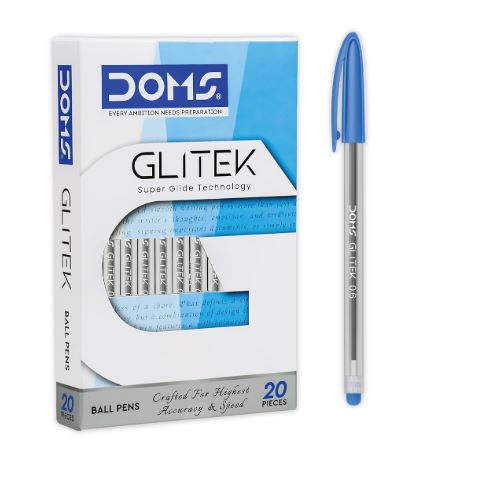 Doms Glitek 0.6mm Ballpoint Pens | Pack of 20 Pens | Smooth Writing Fine Tip Ball Pen |(Blue)