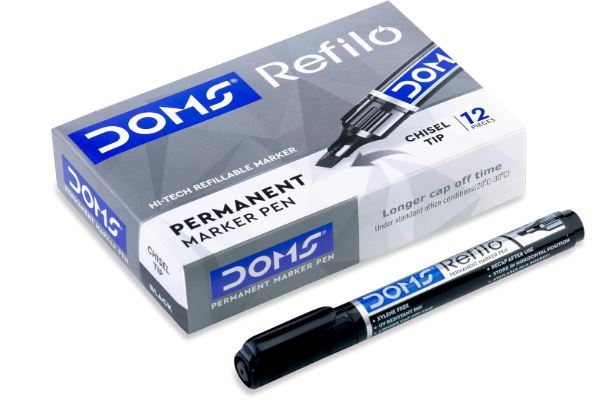 DOMS REFILO Permanent Marker Pen | HI-TECH REFILLABLE with JAPNESE Bullet TIP (Pack of 10) Black Ink