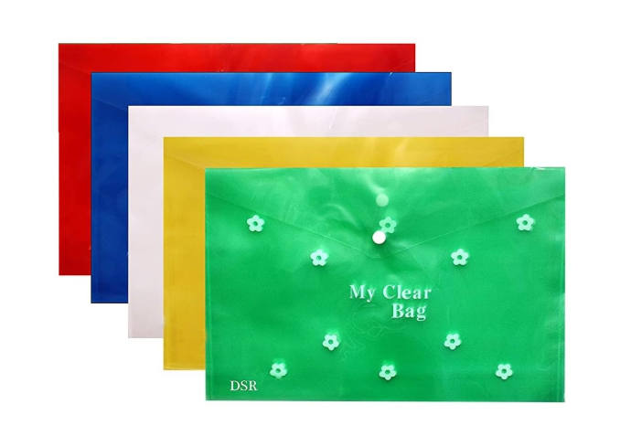 Eclet 5 A4 Document File Folder Bag, Transparent Envelope Holder Storage Case, Snap Button Organizer, Clear Flower Plastic Container for Papers, Stationery - 5 Pack