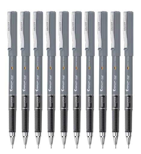 Hauser Sonic 0.55mm Gel Pen Box | Refillable & Waterproof Gel Ink | German Technology For Smooth & Effortless Writing | Black Ink, Set of 10 Gel Pens