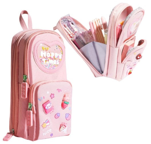 Kawaii Cute Aesthetic Pencil Case for Students | Large Capacity Multi-Pocket Pencil Pouch with Zipper | Cartoon Stationery Organizer Bag for School, College & Office Supplies (Happy Time - Pink)