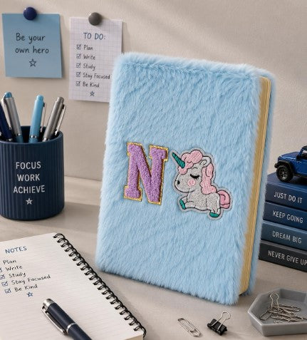 AICA Personalized Embroidery Patch Name Soft Fur Diary A5 Size 160 Pages (Babyblue) For Girls & Boys|Customized Cute Plush Personal Journal | Diary for Girls Aesthetic