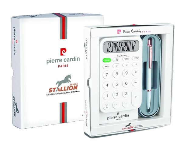Pierre Cardin White Stallion | Premium White Body Pen & Large Display 12 Digits Calculator