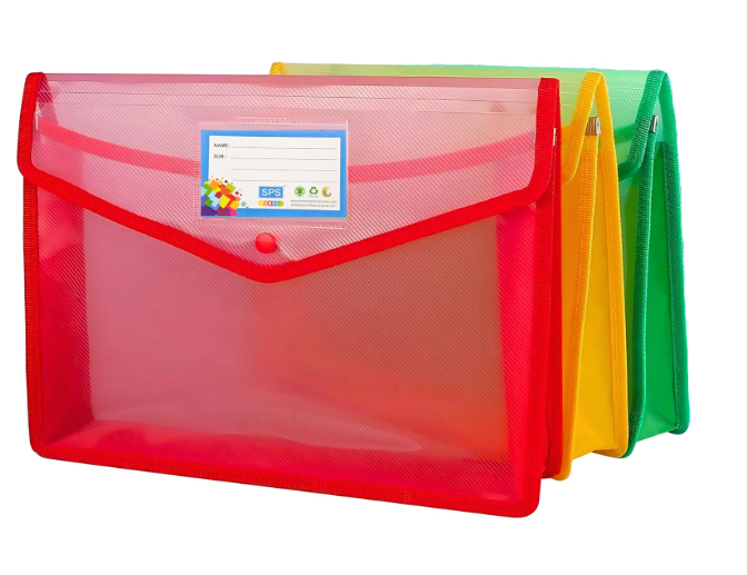 SPS File Folder, Transparent Poly-Plastic A4/Foolscap Documents File Storage Bag with Snap Button, Set of 3