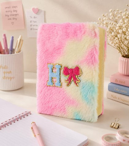 AICA Personalized Embroidery Patch Name Soft Fur Diary A5 Size 160 Pages (Rainbow) For Girls & Boys|Customized Cute Plush Personal Journal| Diary for Girls Aesthetic | Diary for Kids