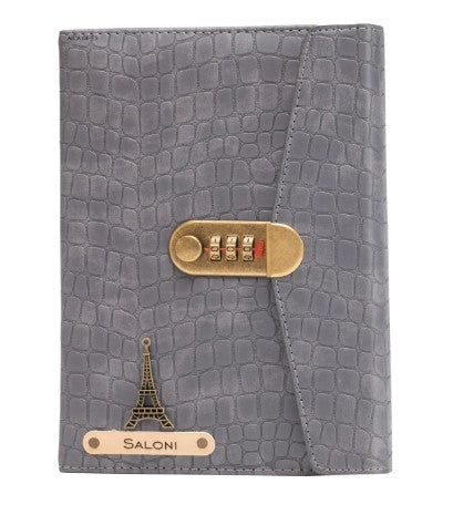 AICA Personalized Name & Charm Leather Lock (Grey) Diary | A5 Size 230 Pages with Combination Lock for Men & Women | Customized Planner Diary College Birthday Gift for Teens Teenager Best Friends