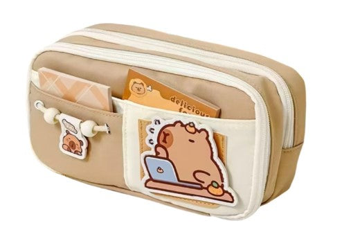 Canvas School Bag Pencil Case, 3 Layer 6 Compartment Large Capacity, Aesthetic Pencil Pouch for Stationary, Cute Stationery for Kids, Pencil Case for Girls & Boys (Brown)