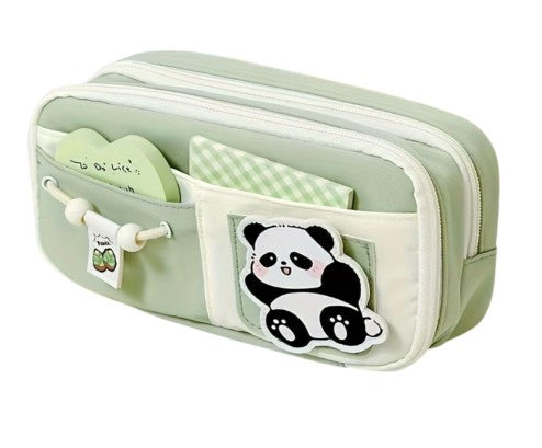 Canvas School Bag Pencil Case, 3 Layer 6 Compartment Large Capacity, Aesthetic Pencil Pouch for Stationary, Cute Stationery for Kids, Pencil Case for Girls & Boys (Green Panda)