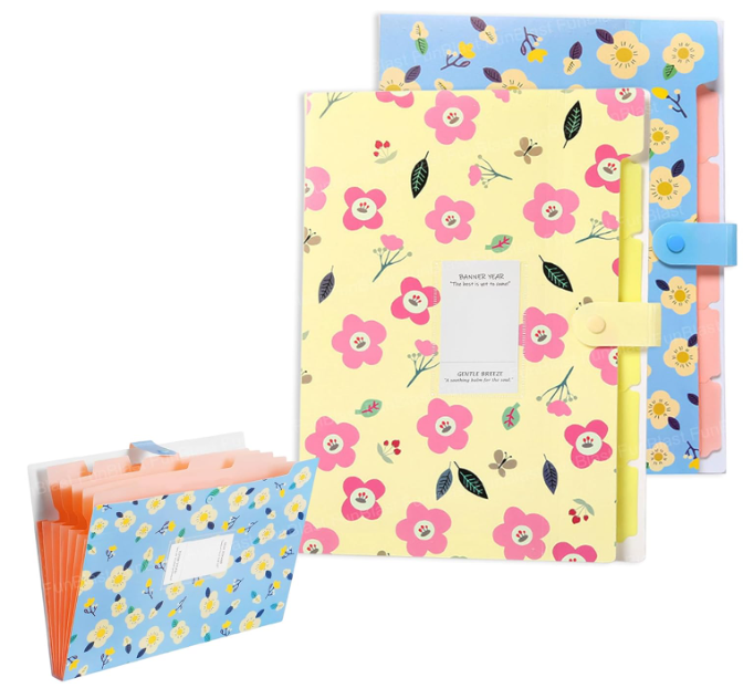 FunBlast File Folder with Button Lock – Floral Print A4 Size Certificates Holder with 6 Pockets, Office Documents File, Expandable Folders for Documents -Multicolour (Pack of 2 Pcs)