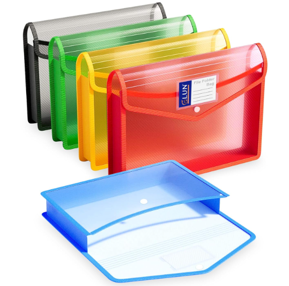 GLUN Transparent Multi-Colour File Folder Set with Button Lock for A4 Size Documents (Pack of 5)