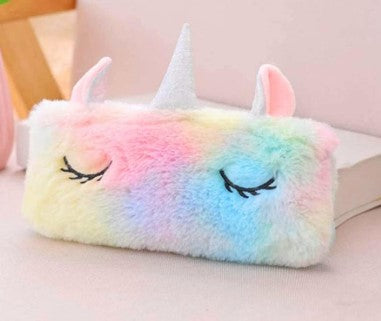 JIADA Cotton Unicorn Horn Ear Fur Pencil Pouch for Girls Student to Store Pen Pencil Eraser | Storage Bag for Make Up | Soft Cute Travel Pouch (Pack of 1), Multicolor