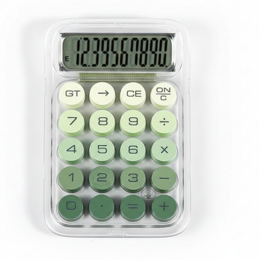 NERTZ Transparent Calculator with 10-Digit LED Display, Pastel Round Mechanical Buttons, Anti-Slip Base (Green)