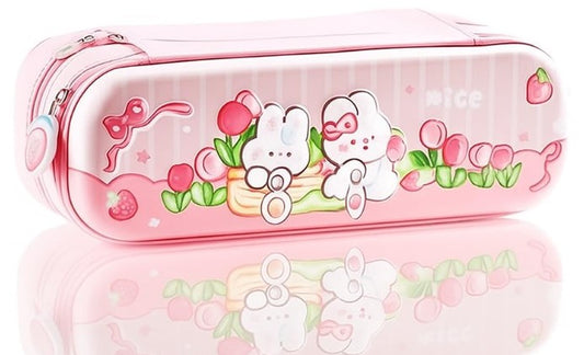 Sanghariyat Double Layer Pencil Case 3D Cover Eva Space Astronaut Theme Large Capacity Pencil Zipper Pouch Bag Compass School Organizer Students Kids (Rabbit Yummy) (Pink)