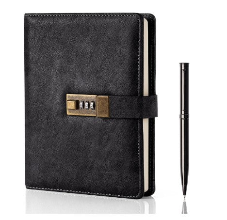 WEMATE Diary With Lock,A5 Pu Leather Journal With Combination Lock,Vintage Lock Journal Password Protected Notebook With Pen&Gift Box,Lock Diary Planner Organizer For Women Men, Black,240 Pages